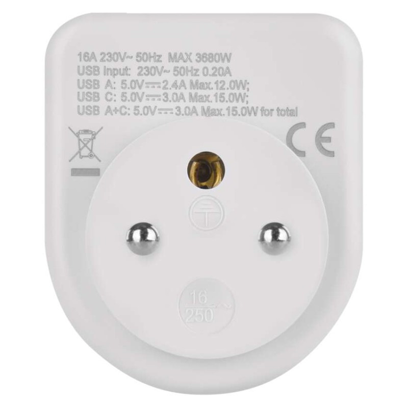 Rozbočovacia zásuvka 1×, 1×USB-A+1×USB-C, biela 3