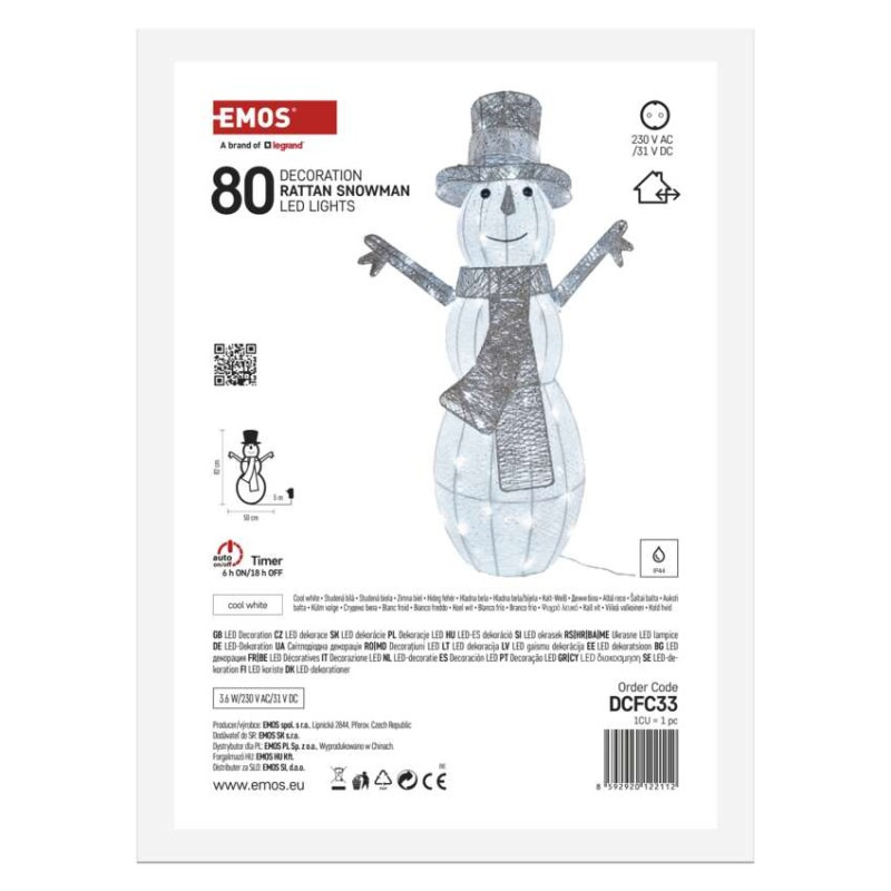 LED vianočný snehuliak ratanový, 82 cm, vonk./vnút., studená biela, časovač 6