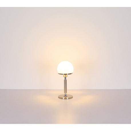 Stolové svietidlo, kov nikel matný, kov chrómovaný, sklo biele, textilný kábel čierny, kolískový vyp 6