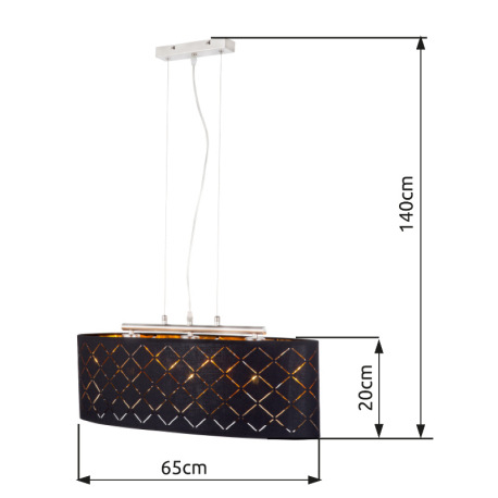 Závesné svietidlo, kov nikel matný, textil čierny a zlatý, tienidlo s ozdobným dierovaním, DxŠxV: 65 14