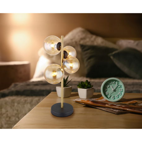 Stolová lampa, kov čierny, kov mosadz, sklo jantárové, s vypínačom na kábli, DxŠxV:240x190x480mm, dĺ 13