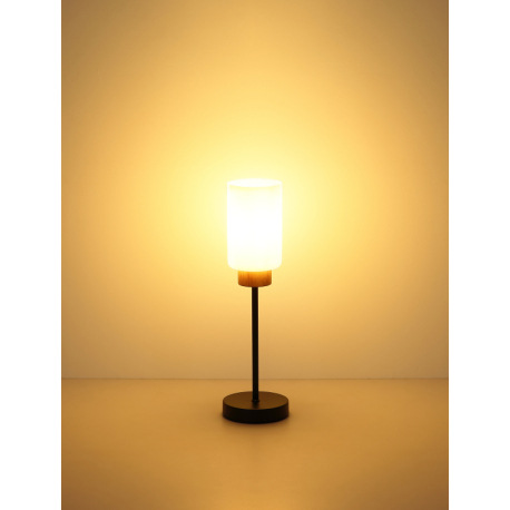 Stolová lampa, matný čierny kov, matné biele sklo, tmavý dub, čierny textilný kábel, kolískový vypín 11