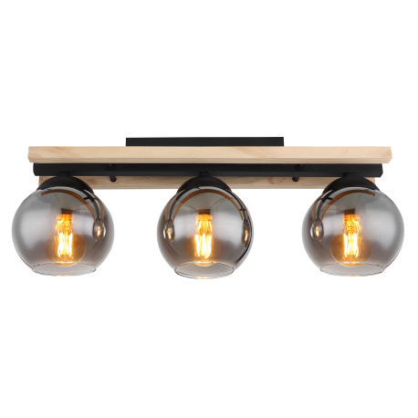 Stropné svietidlo kov čierny matný, prírodné drevo, dymové sklo, DxŠxV: 600x150x205mm, bez žiaroviek 3
