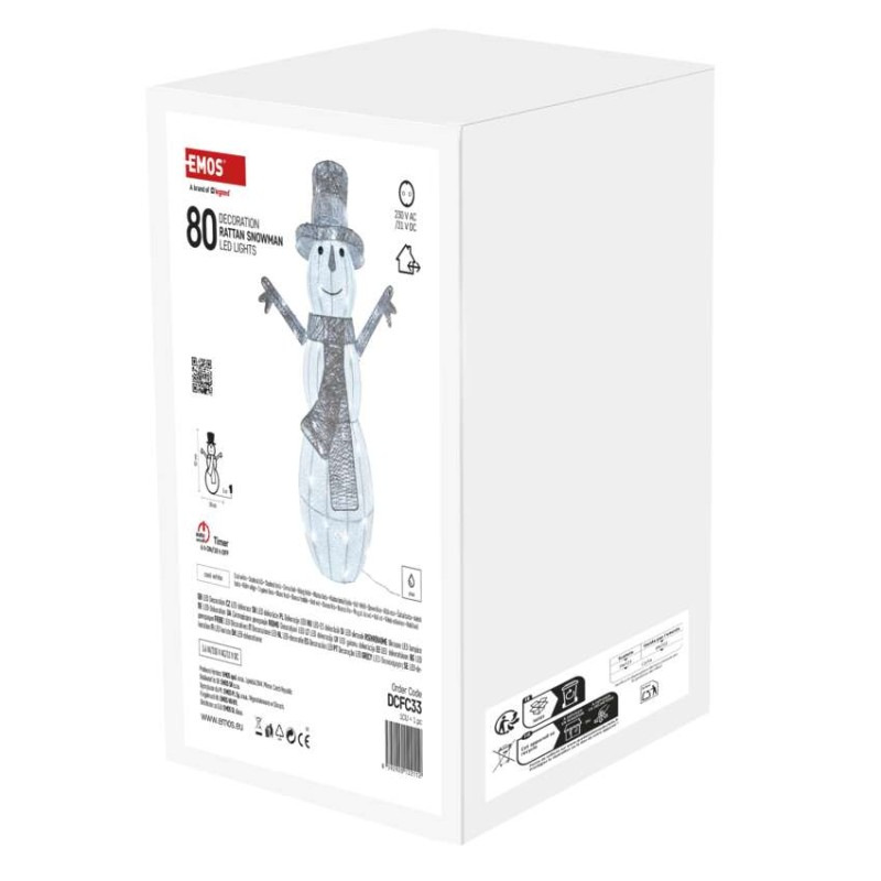 LED vianočný snehuliak ratanový, 82 cm, vonk./vnút., studená biela, časovač 1