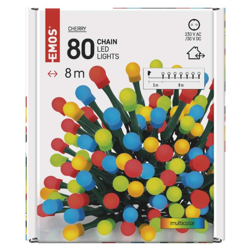 LED vianočná cherry reťaz – guličky, 8 m, vonkajšia aj vnútorná, multicolor, časovač 6