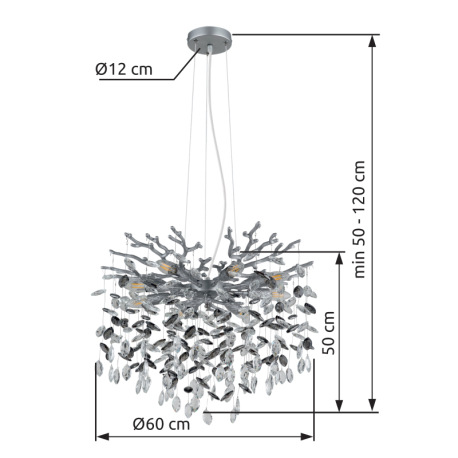 Závesné svietidlo, kov strieborný matný, sklenené krištále dymové, číre, výškovo nastaviteľné, flexo 12