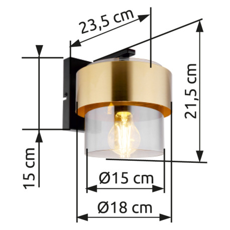 Nástenné svietidlo, kov čierny matný, sklo, mosadz, smer svetla nadol, ŠxV: 180x215mm, H: 235mm, bez 8