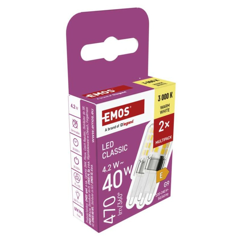 LED žiarovka Classic JC / G9 / 4,2 W (40 W) / 470 lm / teplá biela/ 2 ks 8