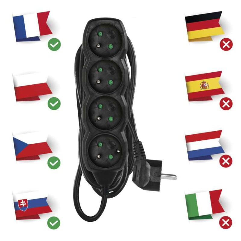 Predlžovací kábel 5 m / 4 zásuvky / čierny / PVC / 1 mm2 1