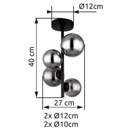 Stropné svietidlo kov čierny matný, dymové sklo, ø: 235mm, V: 400mm, priemer skla: 2 x 10cm, 2 x 12c 4