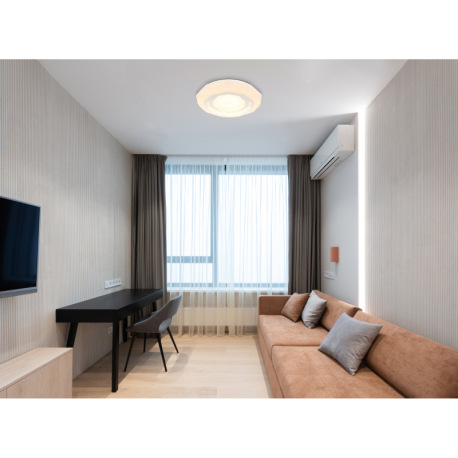 Stropné svietidlo, kov biely, akryl biely s trblietavým efektom, plast priehľadný, chrómový krúžok, 1