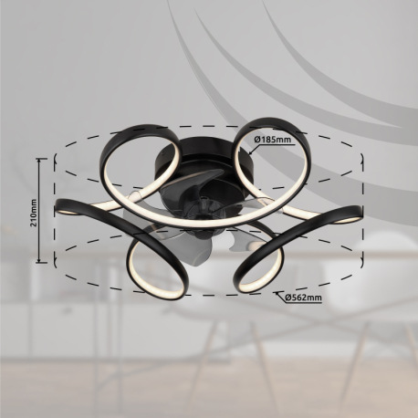 Stropný ventilátor, kov čierny matný, akryl biely, plast priehľadný, stmievateľný, niekoľko úrovní p 12