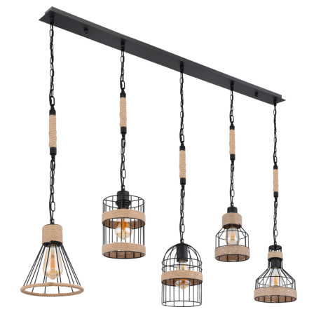 Závesné svietidlo, kov čierny matný, konopné lano hnedé, 5 rôznych tienidiel, čierne reťaze, DxŠxV:1 11