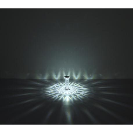 Nabíjateľná stolová lampa, číry plast s krištáľovým efektom, kov strieborný, dotykové zapínanie/vypí 10