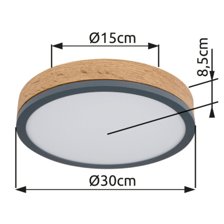 Stropné svietidlo, kov grafit, MDF vzhľad dreva, plast biely, ø: 300mm, V:85mm, vrátane LED 12W 230V 9
