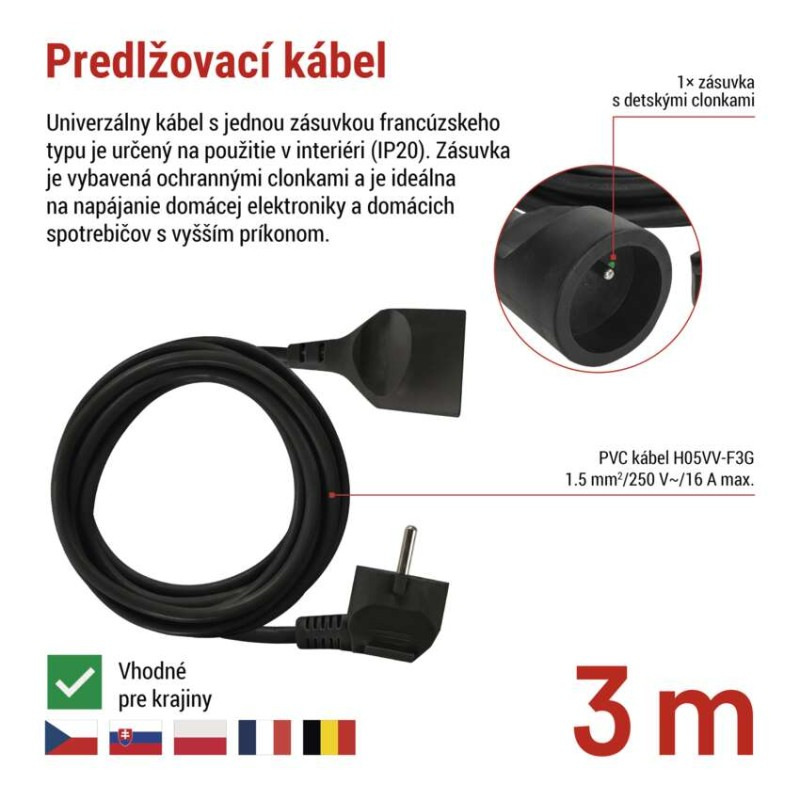 Predlžovací kábel 3 m / 1 zásuvka / čierny / PVC / 1,5 mm2 2