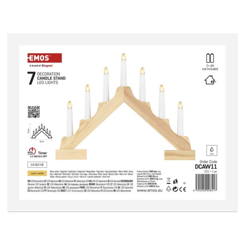 LED svietnik drevený, 29 cm, 2x AA, vnútorný, teplá biela, časovač 5