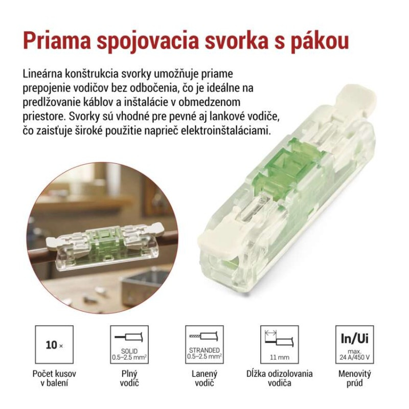 Priama páčková spojovacia svorka 2× 0,2–4 mm2, 10 ks 1