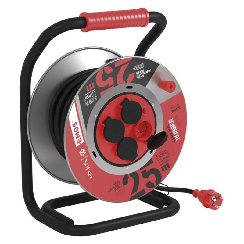 Vonkajší predlžovací kábel na bubne 25 m / 4 zásuvky / čierny / guma / 230 V / 1,5 mm2 10