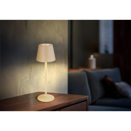 Stolová lampa, kov/plast pieskový/biely, dotyk. zap/vyp/stmievanie, USB-A 2.0 - USB-C; aku CR18650 1 4
