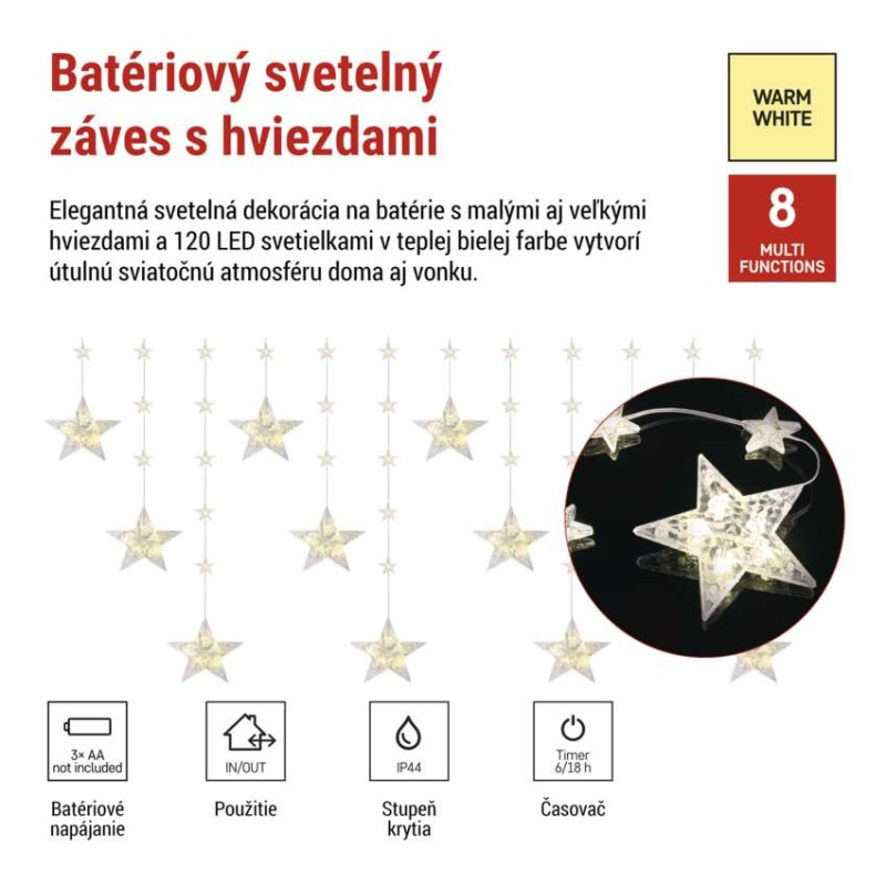 Vianočná LED girlanda – hviezdy, 1,7 m, 3x AA, do interiéru, teplá biela, časovač 3