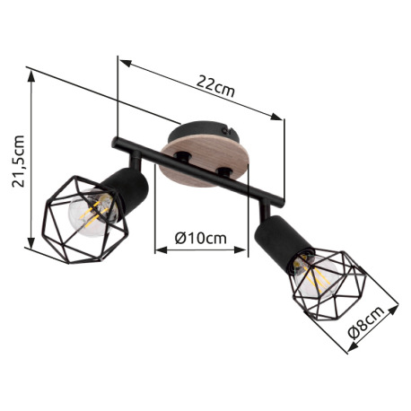 Nástenné svietidlo, kov čierny, drevo hnedé, DxV: 220x215, bez žiaroviek 2xE14, max. 40W 230V 12