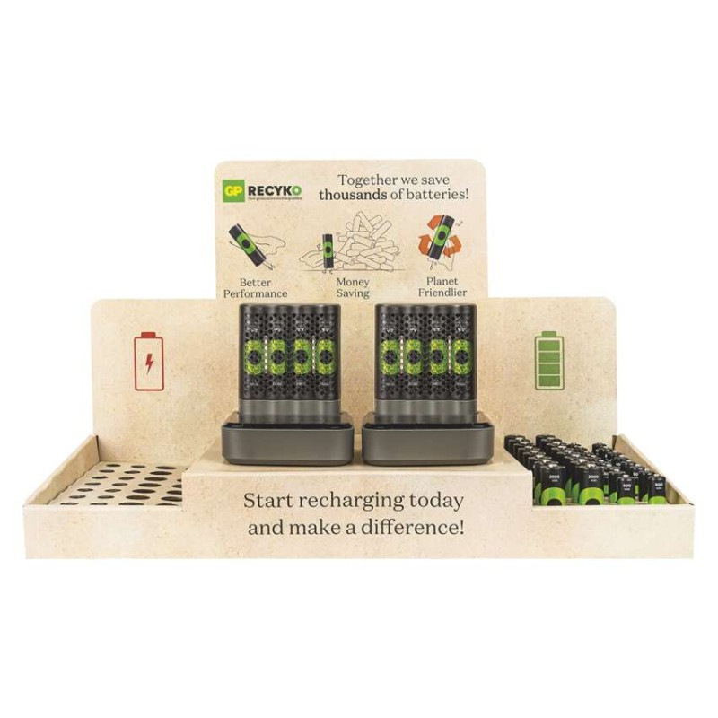 Stojan GP ReCyko Premium / 2×nabíjačka GP + dok / 26×AA + 16×AAA / 2×USB-A adaptér