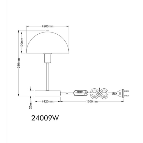 Stolové svietidlo, kov biely matný, kábel PVC biely, kolískový vypínač na kábli, ø: 200mm, V: 310mm, 16