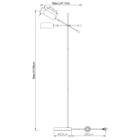Stojanové svietidlo, kov čierny, plast satinovaný, nastaviteľné pomocou kĺbu, kábel 1,8m, vypínač, D 8