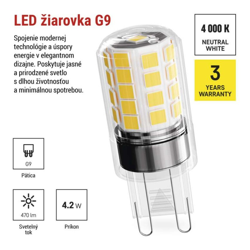 LED žiarovka Classic JC / G9 / 4,2 W (40 W) / 470 lm / Neutrálna biela 1