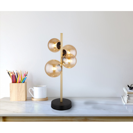 Stolová lampa, kov čierny, kov mosadz, sklo jantárové, s vypínačom na kábli, DxŠxV:240x190x480mm, dĺ 12