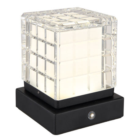 Nabíjateľná stolová lampa, kov čierny, akryl číry, satinovaný povrch, čierny PVC kábel, dotykové zap