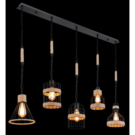 Závesné svietidlo, kov čierny matný, konopné lano hnedé, 5 rôznych tienidiel, čierne reťaze, DxŠxV:1 3