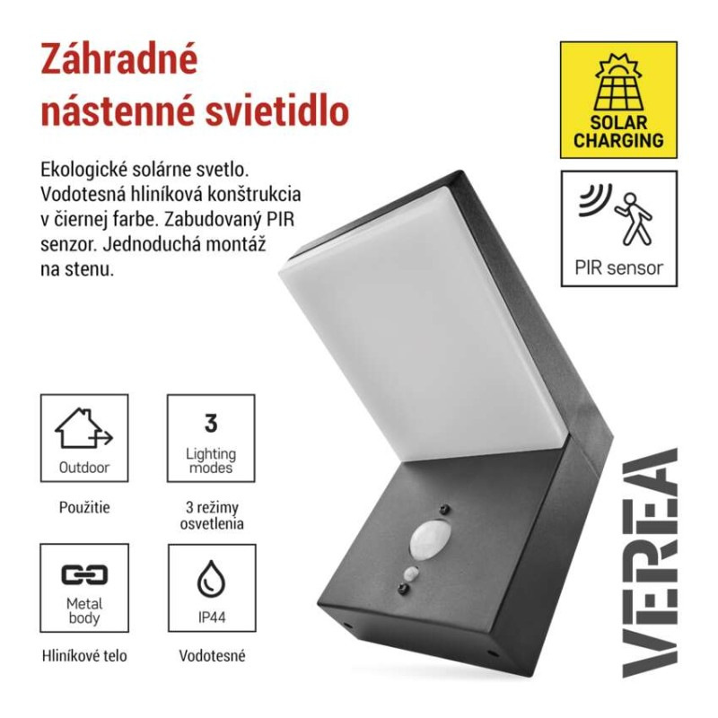 LED záhradné solárne nástenné svietidlo VEREA, senzor súmraku, 10,7 x 15,4 x 13 cm 2
