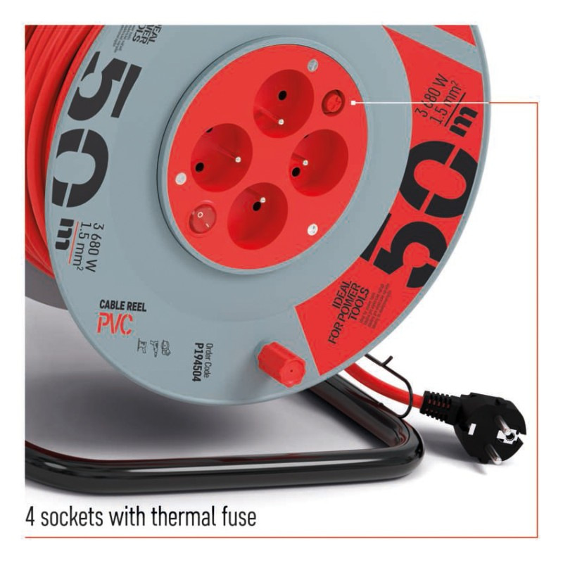 Predlžovací kábel na bubne 50 m / 4 zásuvky / s vypínačom / červený / PVC / 230V / 1,5 mm2 3