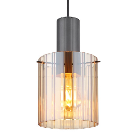Závesné svietidlo, kov sivý tmavý, sklo jantár, kábel textil čierny, možnosť skrátenia výšky, sklo s 10