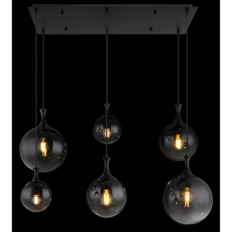 Závesné svietidlo, kov čierny, sklenené gule dymovej farby, kábel PVC čierny, výškovo nastaviteľné, 14