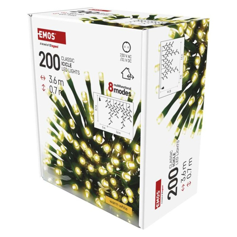 LED vianočné cencúle, 3,6 m, vonkajšie aj vnútorné, teplá biela, programy