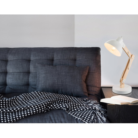 Stolová lampa, biely kov, drevo, kábel 1,5m, vypínač, DxŠxV: 320x160x450, bez žiarovky 1xE27 40W 230 4