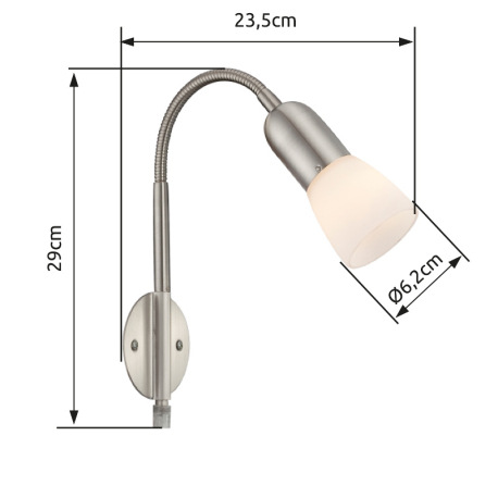 Nástenné svietidlo, nikel matný, biele sklo, vrátane transparentného kábel 1,5m, flexi, vypínač, 290 3