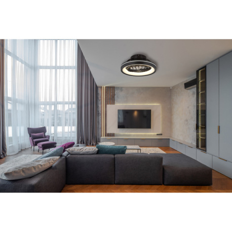 Stropný ventilátor, plast čierny/biely, stmievateľný, niekoľko úrovní cez nástenný spínač, pamäť, no 20