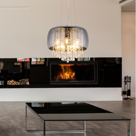 Závesné svietidlo, chróm, sklo dymové, sklenené krištále priehľadné, Ø350, V:1200, bez žiaroviek 5xE 1