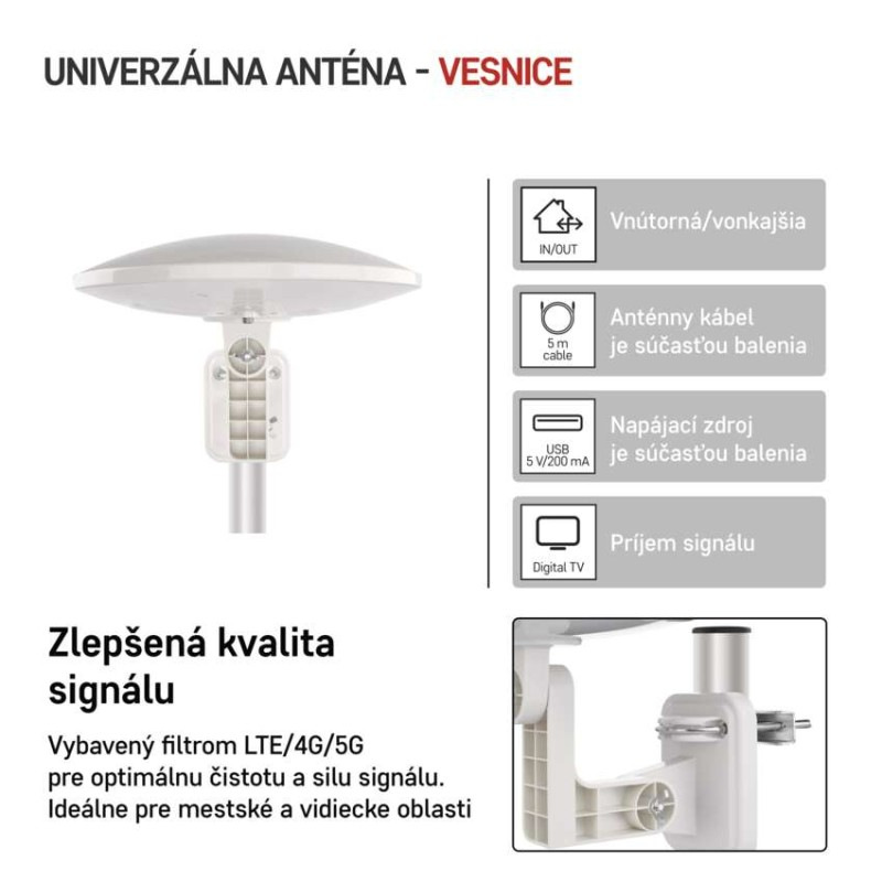 Anténa univerzálna VILLAGE MOON–V900, DVB-T2, FM, DAB, filter LTE/4G/5G 2