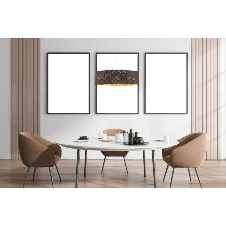 Závesné svietidlo, kov nikel matný, textil čierny a zlatý, tienidlo s ozdobným dierovaním, DxŠxV: 65 1