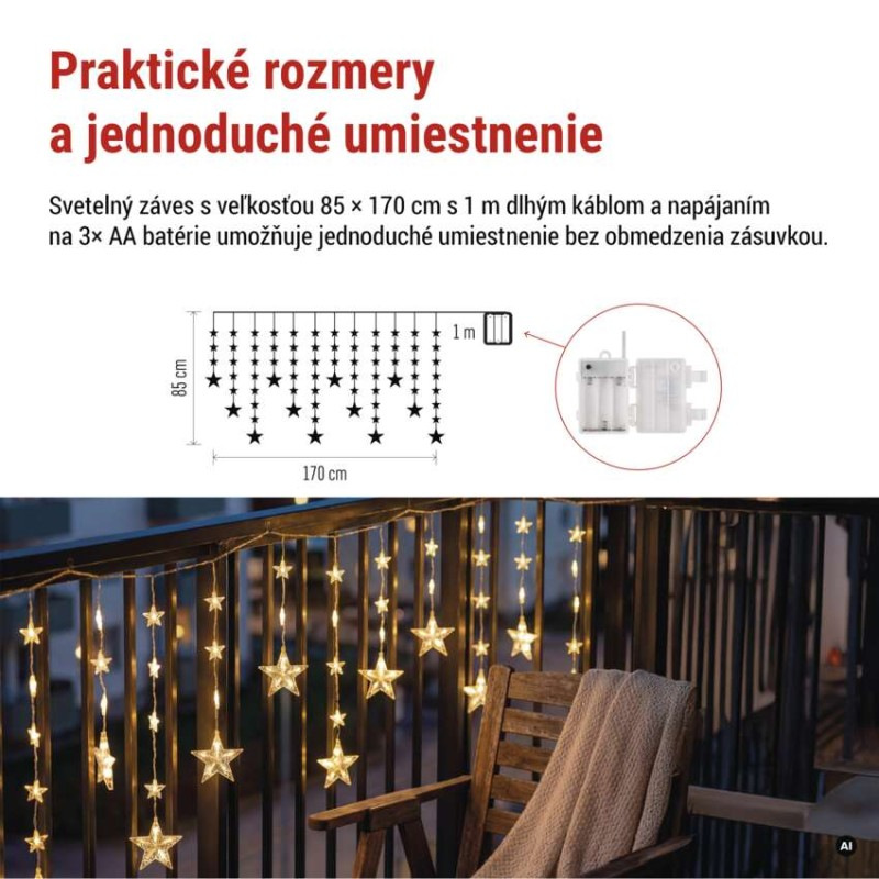 Vianočná LED girlanda – hviezdy, 1,7 m, 3x AA, do interiéru, teplá biela, časovač 4