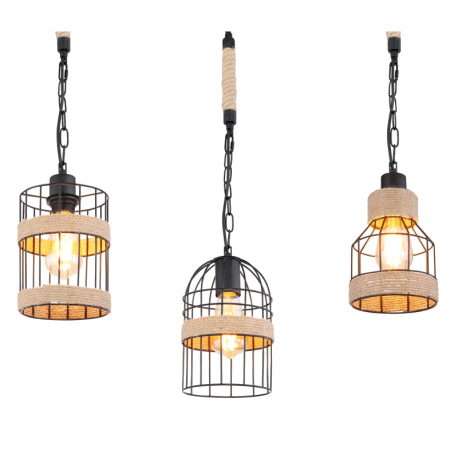 Závesné svietidlo, kov čierny matný, konopné lano hnedé, 5 rôznych tienidiel, čierne reťaze, DxŠxV:1 7