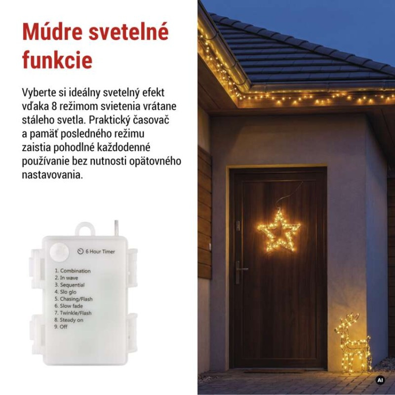 LED dekorácia – závesná hviezda, 3xAA, teplá biela, časovač 6
