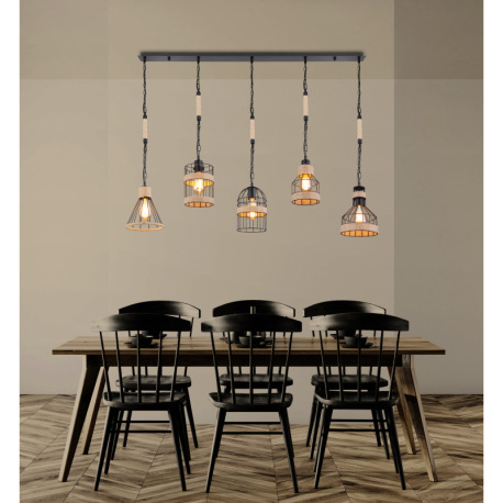 Závesné svietidlo, kov čierny matný, konopné lano hnedé, 5 rôznych tienidiel, čierne reťaze, DxŠxV:1 8