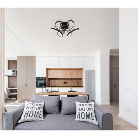 Stropný ventilátor, kov čierny matný, akryl biely, plast priehľadný, stmievateľný, niekoľko úrovní p 14