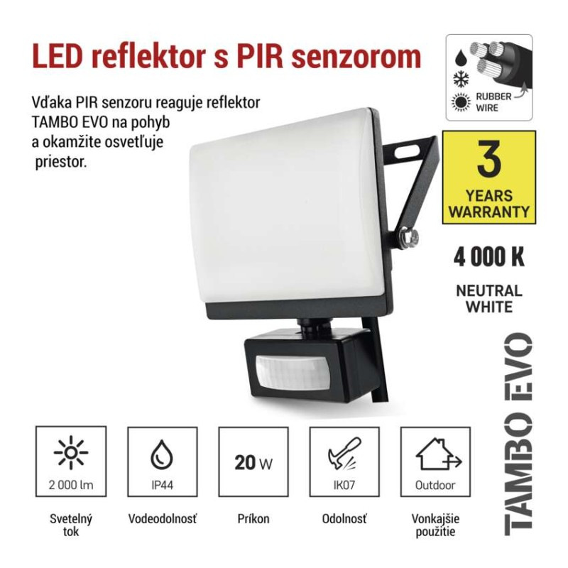 LED reflektor TAMBO EVO so senzorom pohybu, 20 W, 2000 lm, IP65, čierny 5